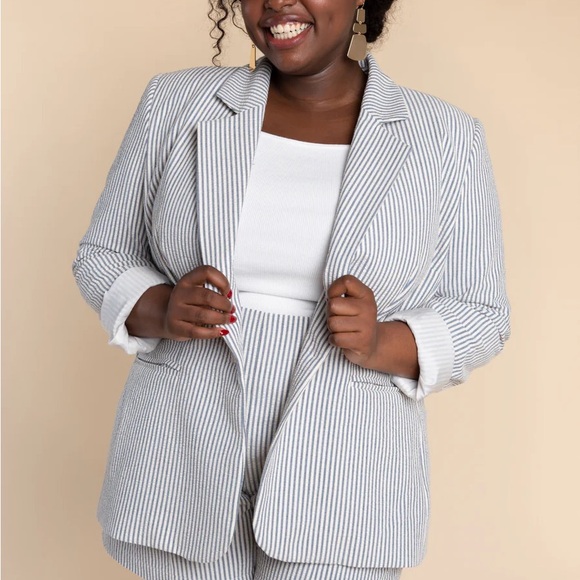 Ricki's Jackets & Blazers - Women's Striped Blazer - White and Blue